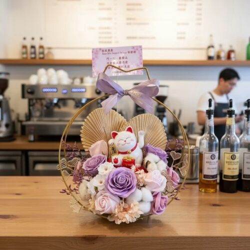 紫粉色系招財貓香氛盆花