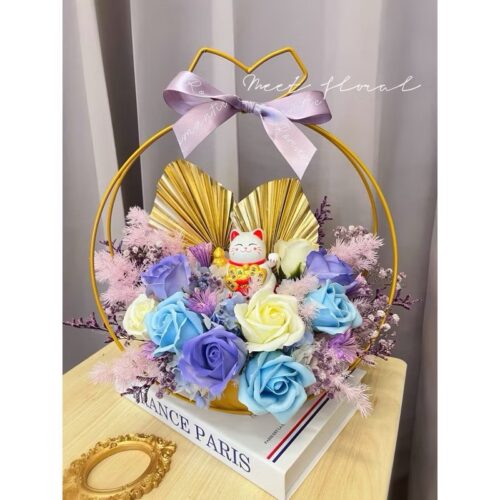 藍紫色系招財貓香氛盆花